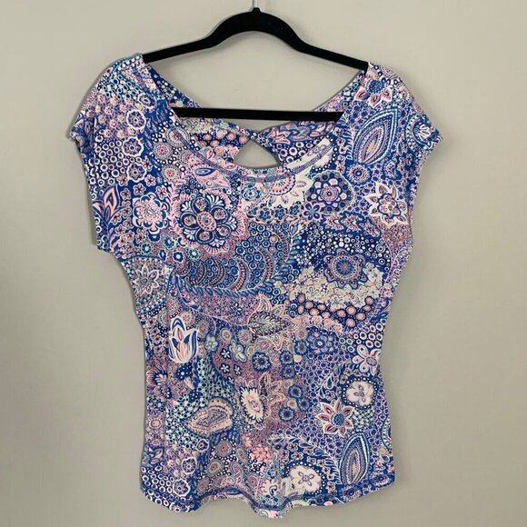 T by Talbots floral paisley crop cap sleeve wide crewneck lightweight knit top - Picture 1 of 11